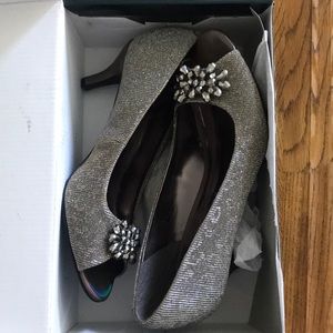 Silver Peep Toe Heels, women’s size 8